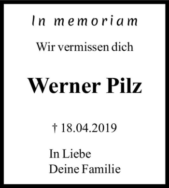 Traueranzeige von Werner Pilz  von Magdeburger Volksstimme