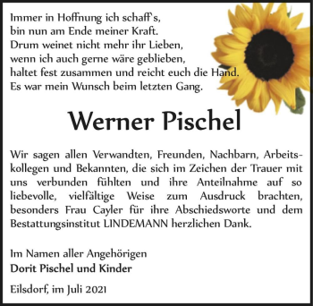 Traueranzeige von Werner Pischel  von Magdeburger Volksstimme