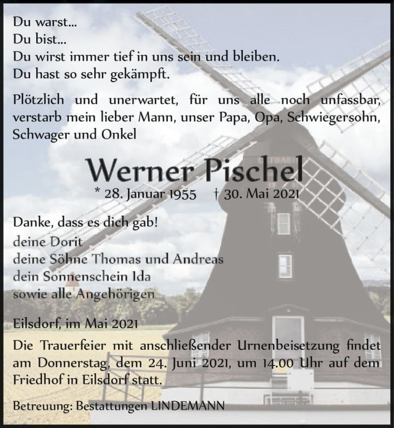  Traueranzeige für Werner Pischel  vom 05.06.2021 aus Magdeburger Volksstimme