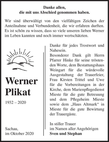 Traueranzeige von Werner Plikat  von Magdeburger Volksstimme