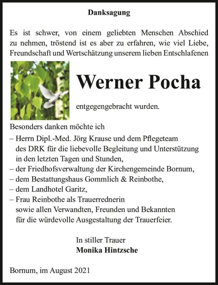  Traueranzeige für Werner Pocha  vom 04.09.2021 aus Magdeburger Volksstimme