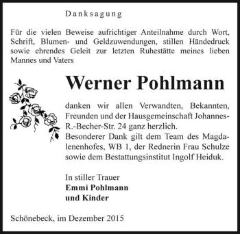 Traueranzeige von Werner Pohlmann  von Magdeburger Volksstimme