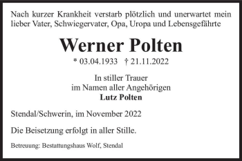 Traueranzeige von Werner Polten  von Magdeburger Volksstimme