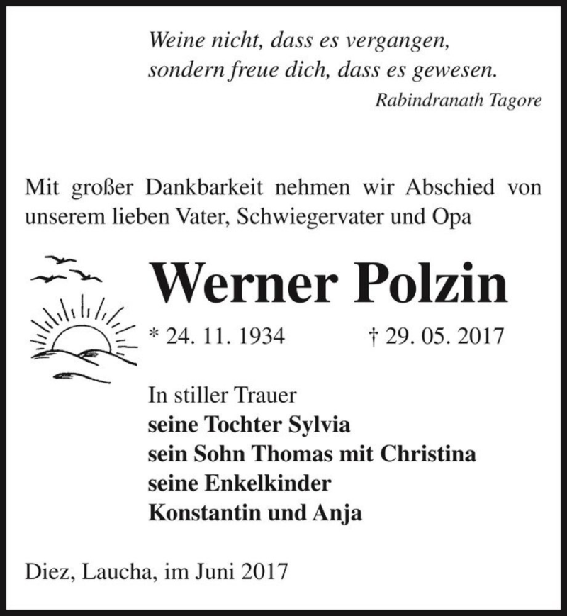  Traueranzeige für Werner Polzin  vom 10.06.2017 aus Magdeburger Volksstimme