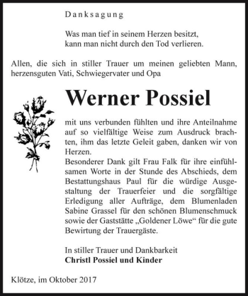 Traueranzeige von Werner Possiel  von Magdeburger Volksstimme