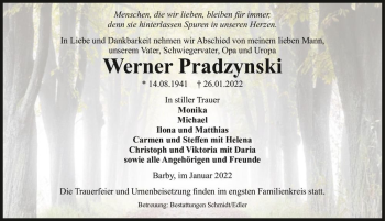 Traueranzeige von Werner Pradzynski  von Magdeburger Volksstimme