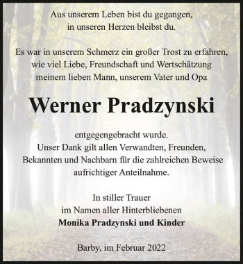 Traueranzeige von Werner Pradzynski  von Magdeburger Volksstimme