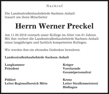 Traueranzeige von Werner Preckel  von Magdeburger Volksstimme