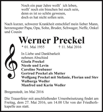 Traueranzeige von Werner Preckel  von Magdeburger Volksstimme