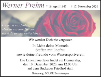 Traueranzeige von Werner Prehm  von Magdeburger Volksstimme