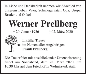 Traueranzeige von Werner Prellberg  von Magdeburger Volksstimme