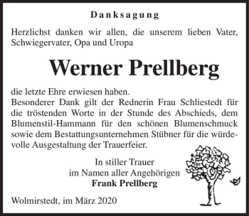 Traueranzeige von Werner Prellberg  von Magdeburger Volksstimme