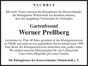 Traueranzeige von Werner Prellberg  von Magdeburger Volksstimme