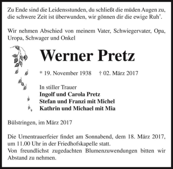 Traueranzeige von Werner Pretz  von Magdeburger Volksstimme