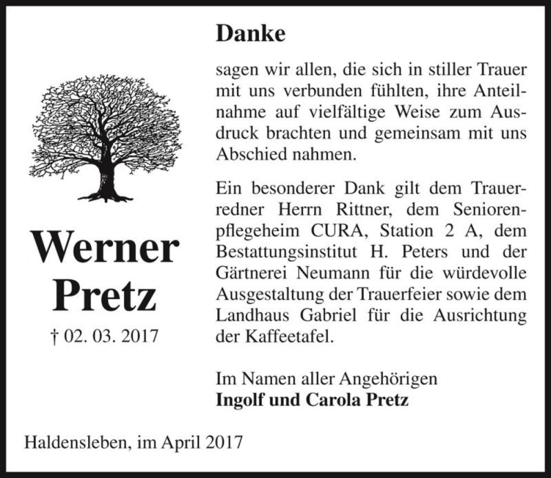  Traueranzeige für Werner Pretz  vom 03.04.2017 aus Magdeburger Volksstimme