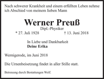 Traueranzeige von Werner Preuß  von Magdeburger Volksstimme