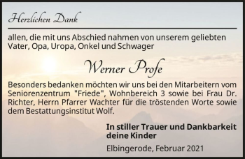 Traueranzeige von Werner Profe  von Magdeburger Volksstimme