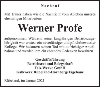 Traueranzeige von Werner Profe  von Magdeburger Volksstimme