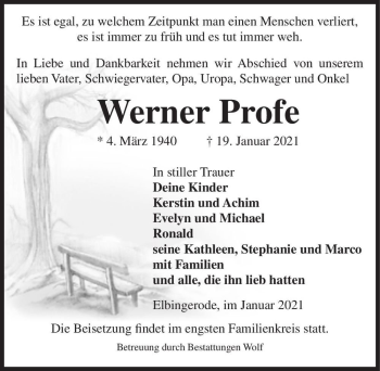 Traueranzeige von Werner Profe  von Magdeburger Volksstimme