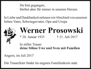 Traueranzeige von Werner Prosowski  von Magdeburger Volksstimme