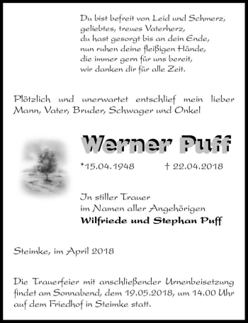 Traueranzeige von Werner Puff  von Magdeburger Volksstimme