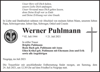 Traueranzeige von Werner Puhlmann  von Magdeburger Volksstimme