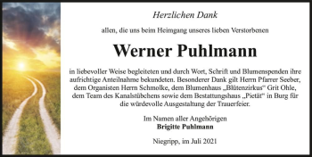 Traueranzeige von Werner Puhlmann  von Magdeburger Volksstimme