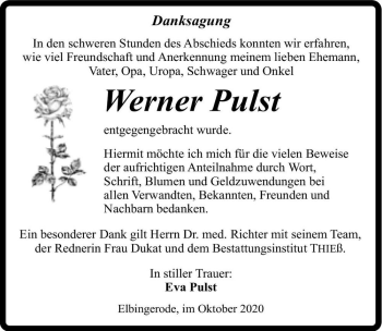 Traueranzeige von Werner Pulst  von Magdeburger Volksstimme