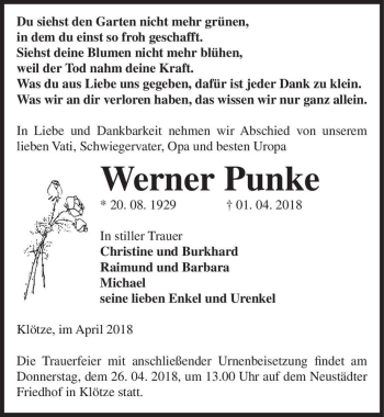 Traueranzeige von Werner Punke  von Magdeburger Volksstimme