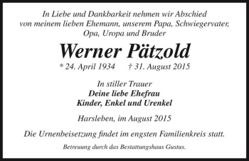 Traueranzeige von Werner Pätzold  von Magdeburger Volksstimme