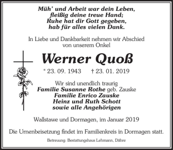 Traueranzeige von Werner Quoß  von Magdeburger Volksstimme