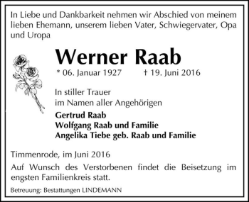 Traueranzeige von Werner Raab  von Magdeburger Volksstimme