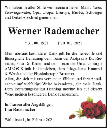 Traueranzeige von Werner Rademarcher  von Magdeburger Volksstimme