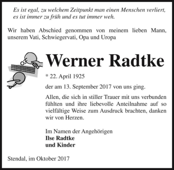 Traueranzeige von Werner Radtke  von Magdeburger Volksstimme