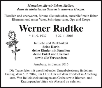 Traueranzeige von Werner Radtke  von Magdeburger Volksstimme
