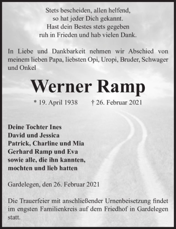 Traueranzeige von Werner Ramp  von Magdeburger Volksstimme