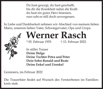 Traueranzeige von Werner Rasch  von Magdeburger Volksstimme