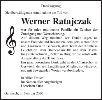 Traueranzeige von Werner Ratajczak  von Magdeburger Volksstimme