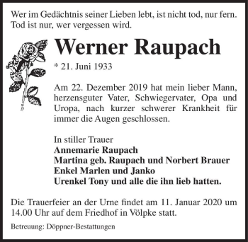 Traueranzeige von Werner Raupach  von Magdeburger Volksstimme