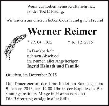 Traueranzeige von Werner Reimer  von Magdeburger Volksstimme