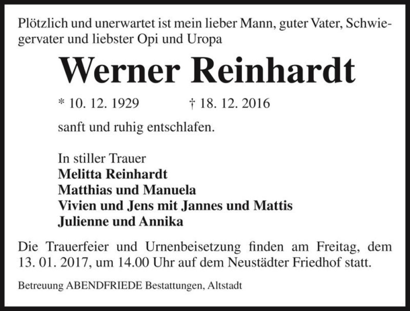  Traueranzeige für Werner Reinhardt  vom 07.01.2017 aus Magdeburger Volksstimme