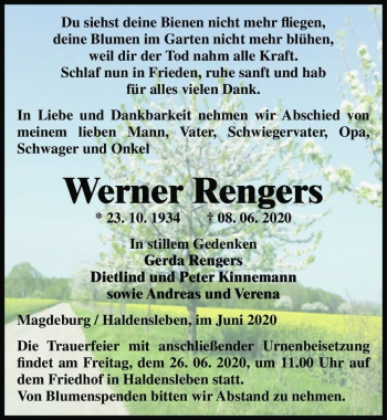 Traueranzeige von Werner Rengers  von Magdeburger Volksstimme