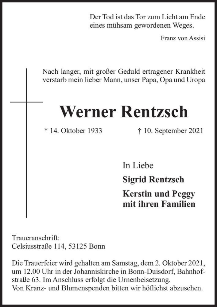  Traueranzeige für Werner Rentzsch  vom 18.09.2021 aus Magdeburger Volksstimme