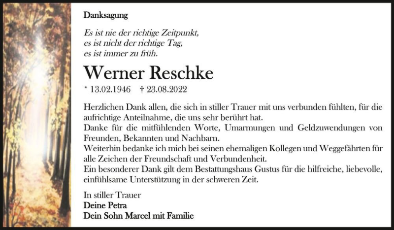  Traueranzeige für Werner Reschke  vom 24.09.2022 aus Magdeburger Volksstimme
