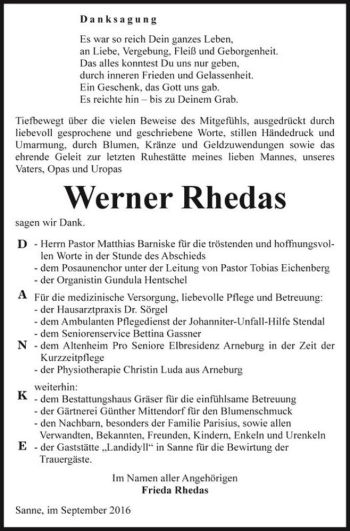 Traueranzeige von Werner Rhedas  von Magdeburger Volksstimme
