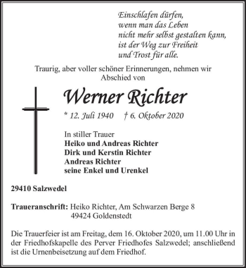Traueranzeige von Werner Richter  von Magdeburger Volksstimme