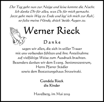 Traueranzeige von Werner Rieck  von Magdeburger Volksstimme