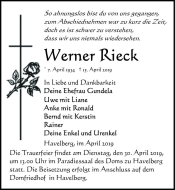 Traueranzeige von Werner Rieck  von Magdeburger Volksstimme