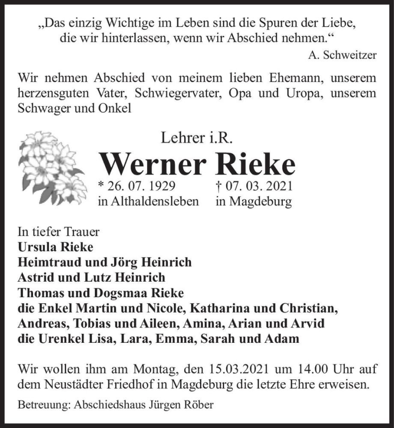  Traueranzeige für Werner Rieke  vom 13.03.2021 aus Magdeburger Volksstimme