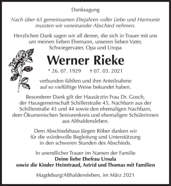 Traueranzeige von Werner Rieke  von Magdeburger Volksstimme
